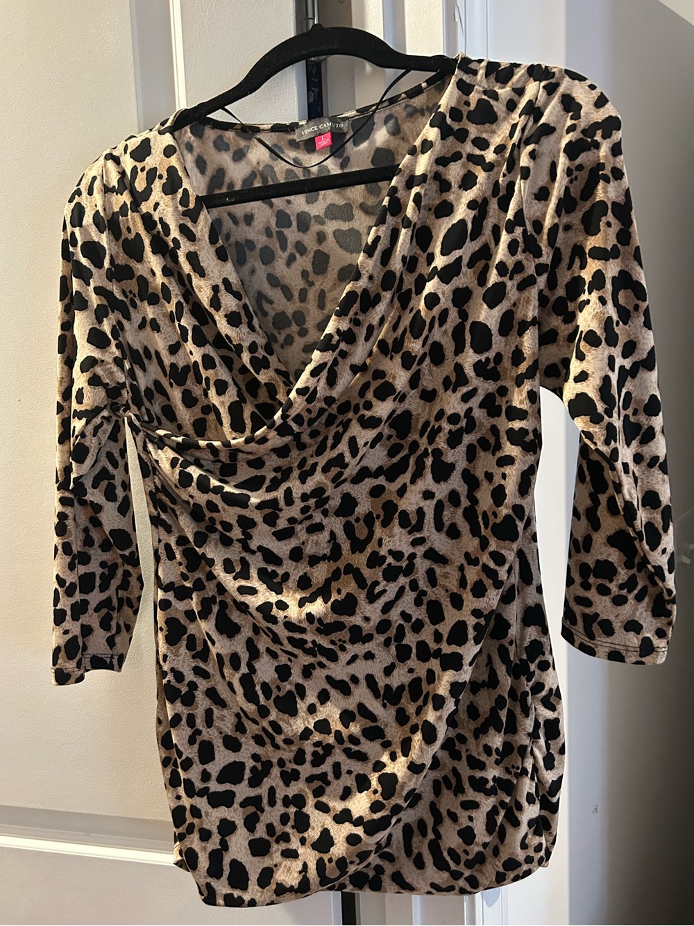 Vince Camuto Beige and Black Leopard-Print Drape-Neck Mini Dress